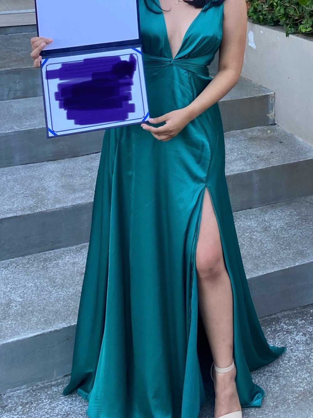 Emerald Green Satin V-Neck Evening Dress with High Slit